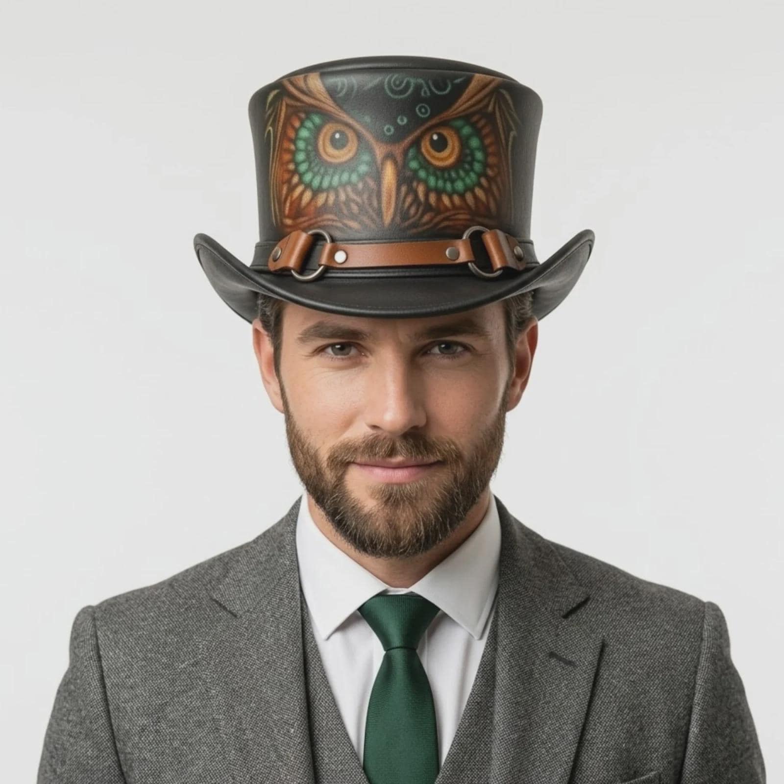 Black Owl Hand Painted Cowhide Leather Top Hat Handcrafted Steampunk Mad Hatter Hat, Genuine Leather