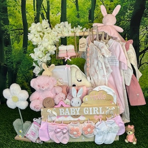 May include: A baby girl gift basket filled with pink baby clothes, socks, and stuffed animals. The basket includes a teddy bear, a bunny, and a sign that says "Baby Girl". The background is a forest scene.