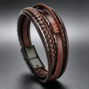 May include: A multi-strand bracelet featuring dark brown leather cords, a thick braided leather centre piece, and a thinner braided cord secured with brown thread. The bracelet is finished with a smooth, matte black metal magnetic clasp.