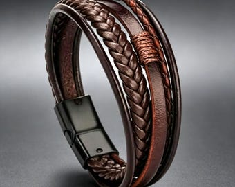 Pulseira masculina personalizada em couro genuíno - Presente de aniversário para marido ou namorado - Joia personalizada para aniversário