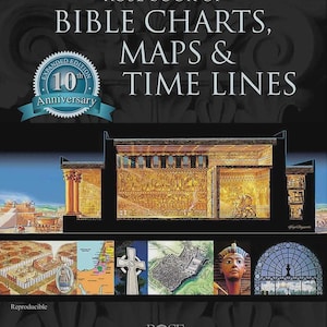 Può includere: La copertina di "Rose Book of Bible Charts, Maps & Time Lines" presenta illustrazioni di scene bibliche e mappe. Il titolo del libro è in testo bianco in alto, con un sigillo "Expanded Edition". Il logo Rose Publishing è in basso.