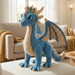 Dragón Rey Azul Real, Patrón de Amigurumi a Ganchillo en PDF, Tutorial de Bestia Mítica Realista, Manualidades Fantasía