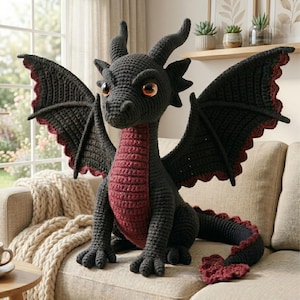 リアルな黒龍のあみぐるみPDF、神話上の獣のかぎ針編みチュートリアル、ファンタジーぬいぐるみDIYガイド