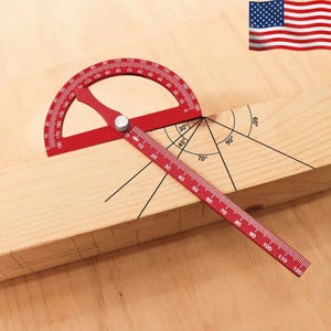 May include: A red protractor and ruler set on a wooden surface. The protractor is semi-circular with degree markings from 0 to 180. The ruler has millimeter markings and is used to measure angles. The image also shows a drawing of angles.