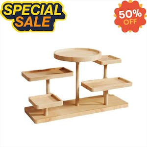May include: A multi-tiered, light-colored wooden plant stand with a rectangular base and various sized platforms. The stand has a round top and several square and rectangular shelves. The image includes the text "SPECIAL SALE" and "50% OFF".