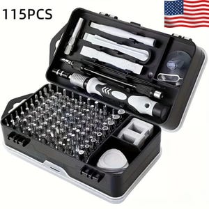 May include: A black and gray 115-piece screwdriver set with various bits and tools. The set includes a handle, extension bars, and plastic pry tools, all neatly organized in a black case. The American flag is in the background.