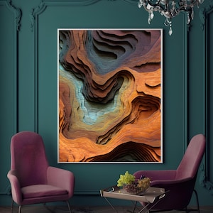 May include: A framed abstract art piece with a layered, topographic design. The artwork features warm tones of orange, brown, and blue, creating a sense of depth and texture. The piece is displayed in a room with teal walls and two purple armchairs.
