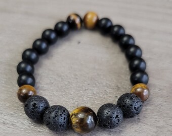 Tigers eye, lava stone, black onyx, stretch gemstone bracelet