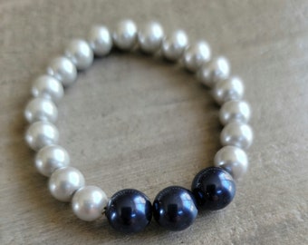 Stretch Bracelet, Swarovski Midnight Blue Crystal Pearls with Light Grey Pearls