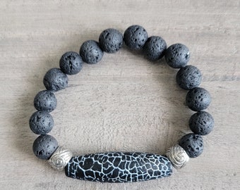 Black Crackle Beads, Stretch Bracelet, Black Lava Stones