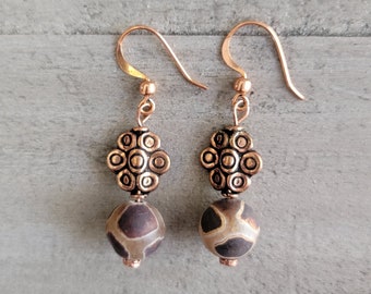 Gemstone Earrings, Tibetan Agate Beads, Copper Fish Hook Wires