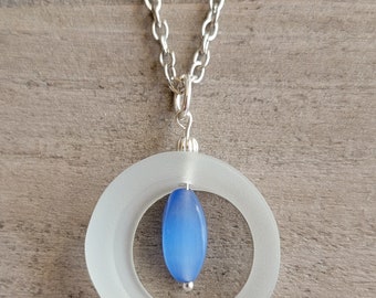 Necklace, Bottle Ring Glass, Beach Glass Pendant, Clear Sea Glass, Blue Cat's Eye Bead