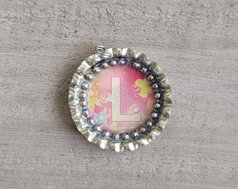 Bottle Cap Necklace, Childrens Necklace, Bottle Cap Initial Pendant, Letter Pendant, Kids Jewelry, L, Pink