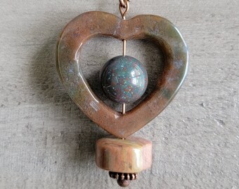 Necklace, Ocean Jasper Gemstone Pendant, Pendant is Heart Shaped Stone with Speckled Blood Stone in the Center