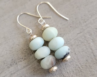 Dangle Earrings, Matte Amazonite Gemstones, Silver Fish Hook Ear Wire