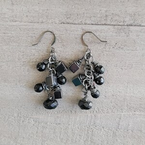 Cascading Earrings, Gun Metal, Black Onyx Gemstone, Metallic Hematite, and Black Crystal Earrings image 2