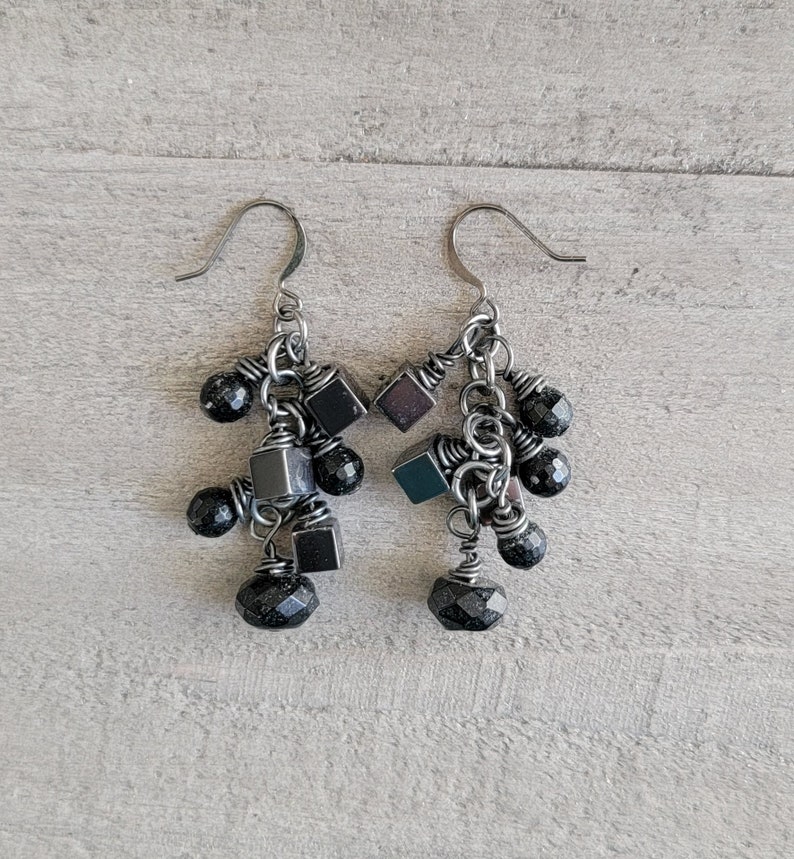 Cascading Earrings, Gun Metal, Black Onyx Gemstone, Metallic Hematite, and Black Crystal Earrings image 2