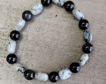 Jasper and black beads, stretch gemstone bracelet