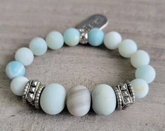 Stretch Bracelet, Matte Amazonite Gemstones, Adjustable Bracelet, Believe Charm