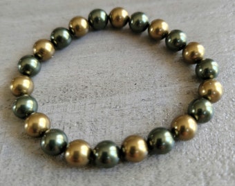 Swarovski Pearl Stretch Bracelet, Dark Green and Brass