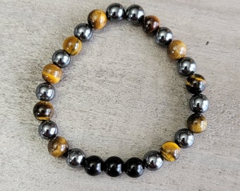 Tiger's Eye, Hematite, Black Obsidian, Stretch Gemstone Bracelet