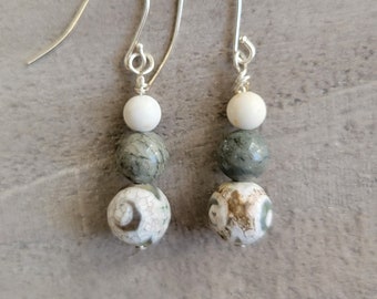 Dangle Earrings, Howlite, Green Jade, Tibetan Agate