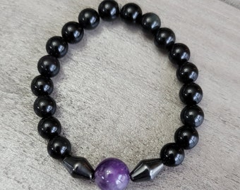 Amethyst and black obsidian bracelet, stretch gemstone bracelet