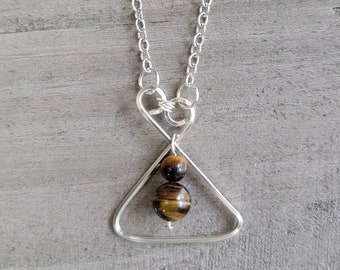 Necklace, Tiger's Eye, Wire Wrapped Triangular Shaped Silver Pendant, Gemstone Necklace, Dark Brown
