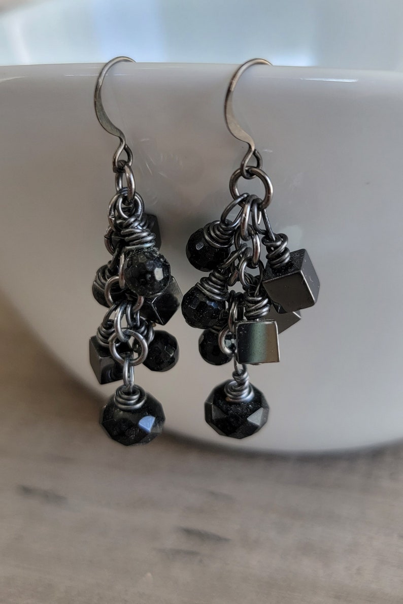 Cascading Earrings, Gun Metal, Black Onyx Gemstone, Metallic Hematite, and Black Crystal Earrings image 3