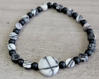 Zebra jasper, black onyx, stretch gemstone bracelet