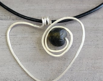 Wire Heart Shaped Silver Pendant, Industrial Necklace