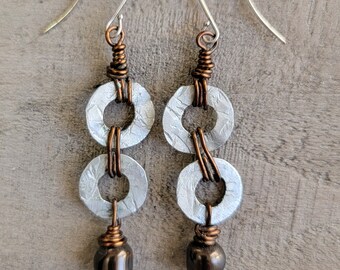 Dangle Earrings, Hammered Aluminum Disc, Bronze Tone Wire, Brown Swarovski Crystal Pearls, Silver Fish Hook Ear Wires