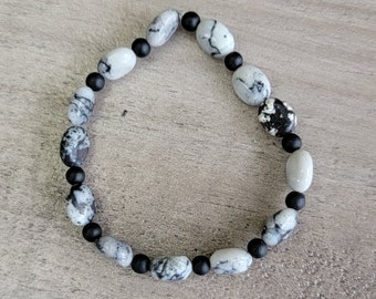 Black and white jasper gemstone, stretch gemstone bracelet