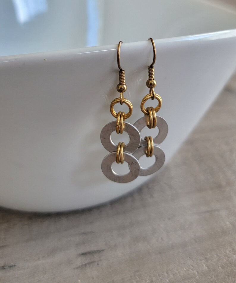 Dangle Earrings, Recycled Earrings, Industrial Earrings, Modern Jewelry, Metal Washers, Gold Plated Earrings image 2