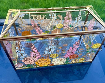 Custom Hand Painted Floral Wedding Card Box, Gold Stained Glass Vintage Bridal Keepsake