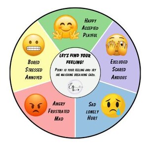 Può includere: Un grafico circolare colorato con emoji che rappresentano diverse emozioni. Il grafico include testo come "Felice", "Triste" e "Arrabbiato". Il cerchio centrale dice "Troviamo il tuo sentimento!"