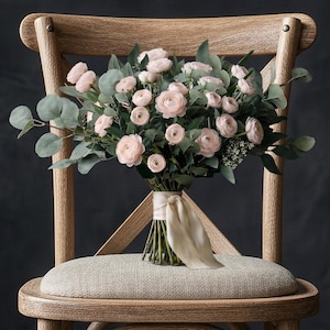 May include: A bouquet of pale pink roses and green eucalyptus leaves tied with a cream ribbon, resting on a wooden chair with a beige cushion. The flowers are the focal point, against a dark backdrop.