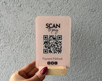 Custom Acrylic Qr Sign: Vibrant UV Print - Clear 3mm Acrylic, Luxury Wood Base, Salon & Boutique Payment Display