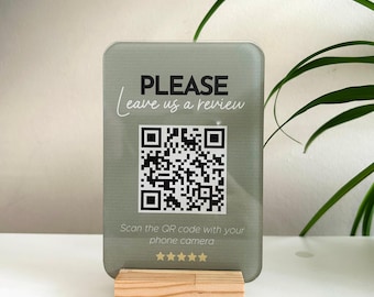 Customizable QR Code Acrylic Display Sign, Clear 10x15cm, Luxury Wooden Base (UV Printed Colors, Multi-Use Business Signage)