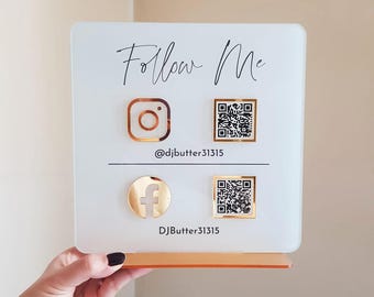 Custom Acrylic QR Business Sign: Dual Social Media Codes, Luxury UV Printed, Silver or Gold Icons | 21x21cm Acrylic, Brand Engagement