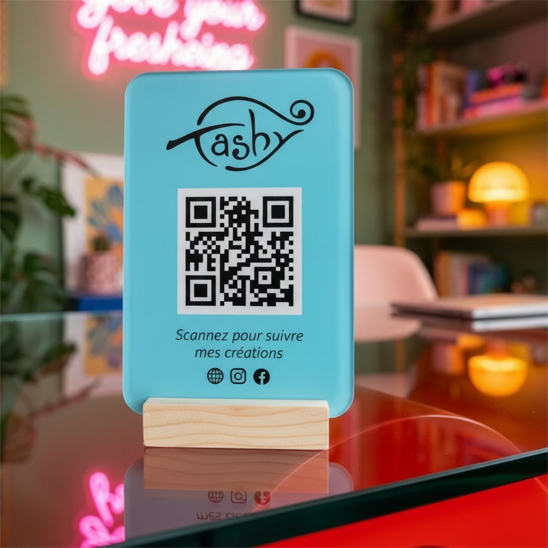 Soft Shade Qr Code Custom Acrylic QR Code Business Sign: Turquoise Shade, Wooden Base ...