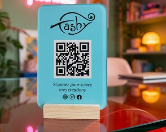 Custom Acrylic QR Code Business Sign: Turquoise Shade, Wooden Base Holder | Durable Acrylic, Contactless Payment | 10x15cm Display