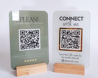 Acrylic QR Code Business Sign: Gold Mirror Floral Pattern - Clear Acrylic, Wooden Base, Custom Social Media and Payment Display