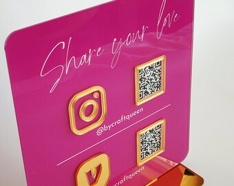 Custom Acrylic QR Code Business Sign - Luxury Social Media Payment Display - Fuscia Gold Mirror, UV Printed, Durable