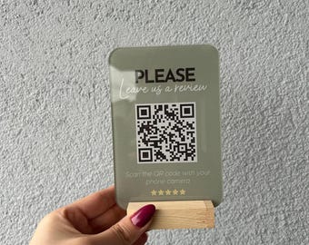 Mini QR Code Sign Acrylic Display, Wooden Base Holder (10x15 cm, Clear Acrylic, UV Print, Business Use)