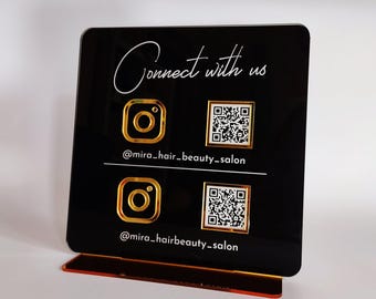 Luxury QR Code Business Sign: Black Gold Mirror Finish - Clear Acrylic, Custom Social Media & Payment Display