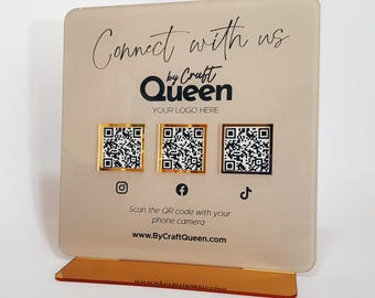 Luxury Acrylic QR Code Sign Salon: Gold Mirror Acrylic - UV Printed, Social Media & Payment Display, Custom Options