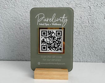 Acrylic QR Code Business Sign Luxury, Gold Mirror Flower Pattern (10x15cm, UV Printed Acrylic, Wooden Base)