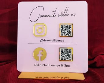 Luxury Acrylic QR Code Sign: Custom Social Media & Payment Display, Gold Mirror Acrylic (21x21cm, Clear 3mm Board)