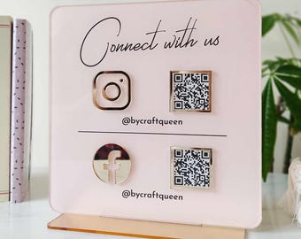 Luxury Acrylic QR Code Sign: Gold Mirror Design - Social Media, Payment Display, Custom Made, Clear Acrylic